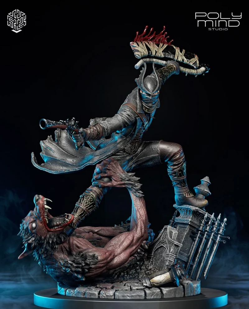 Bloodborne Hunter statue with weapons standing on a beast-themed base