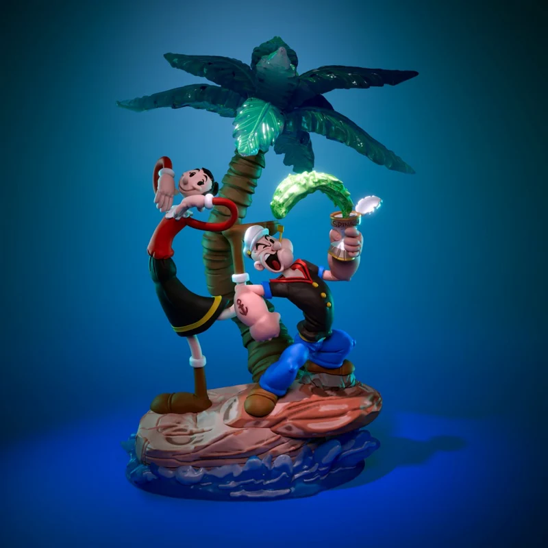 Popeye and Olive Oyl 3D model on a tropical raft beneath a palm tree