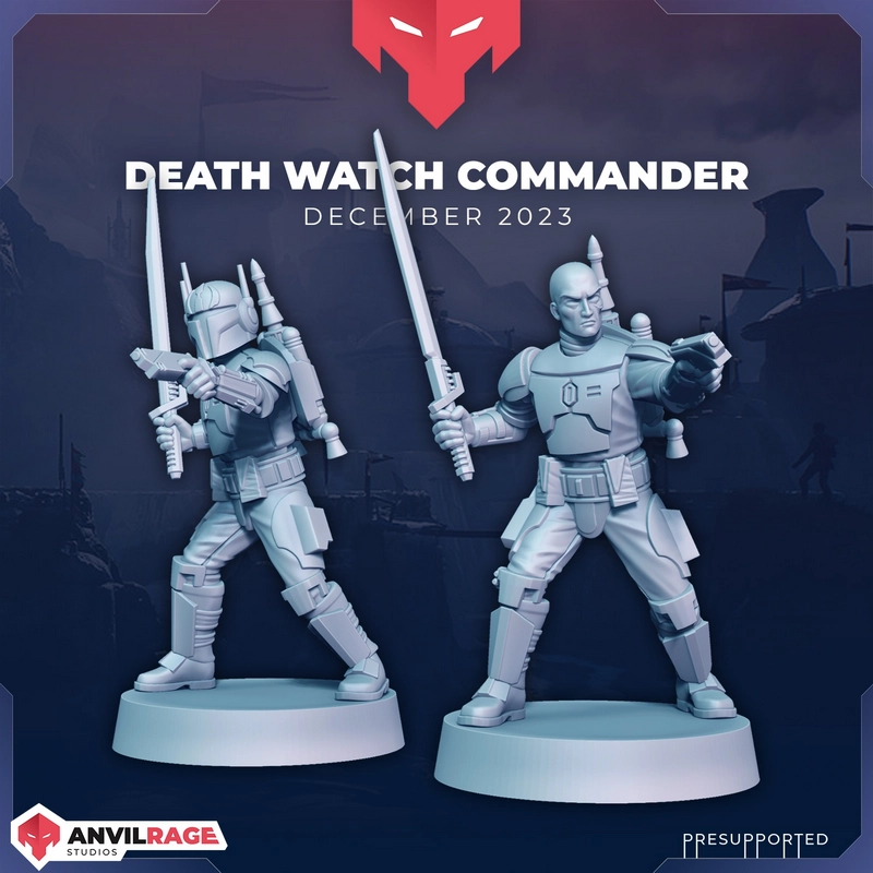 Pre Vizsla Death Watch commander 3D model in Mandalorian armor with blaster and darksaber