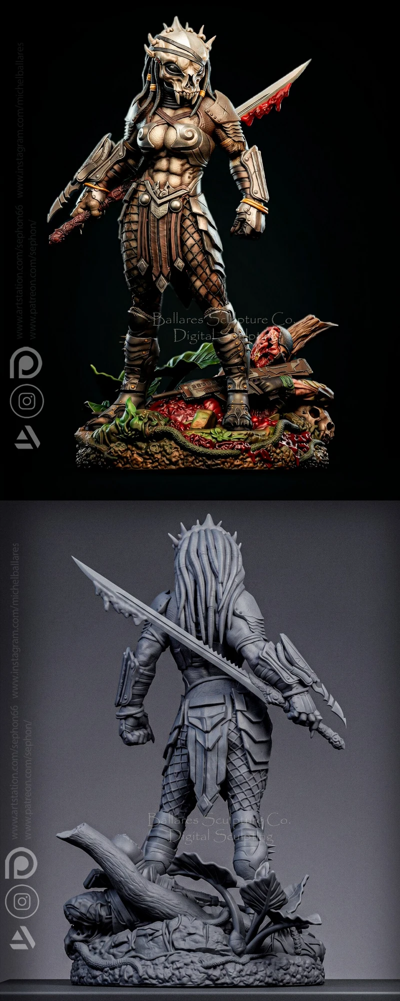 Female Predator figure with armor, tendrils, weapons, and a detailed display base
