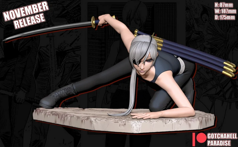 Quanxi from Chainsaw Man crouching on a textured base with a raised sword and sheathed blades