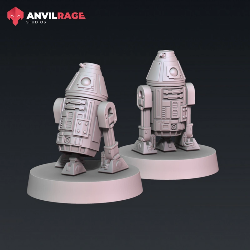 Two detailed R4-M1 Star Wars astromech droid figures on round bases