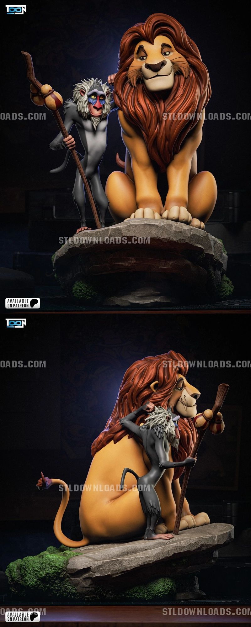 Rafiki and Mufasa Lion King character statue on a rocky base