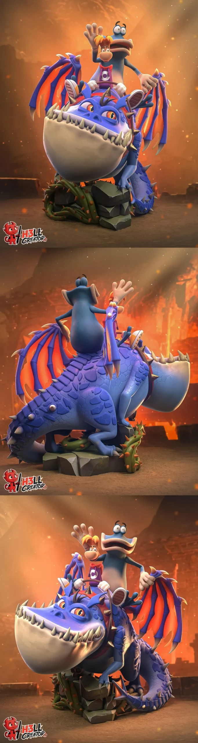 Rayman and Globox riding a blue winged dragon statue