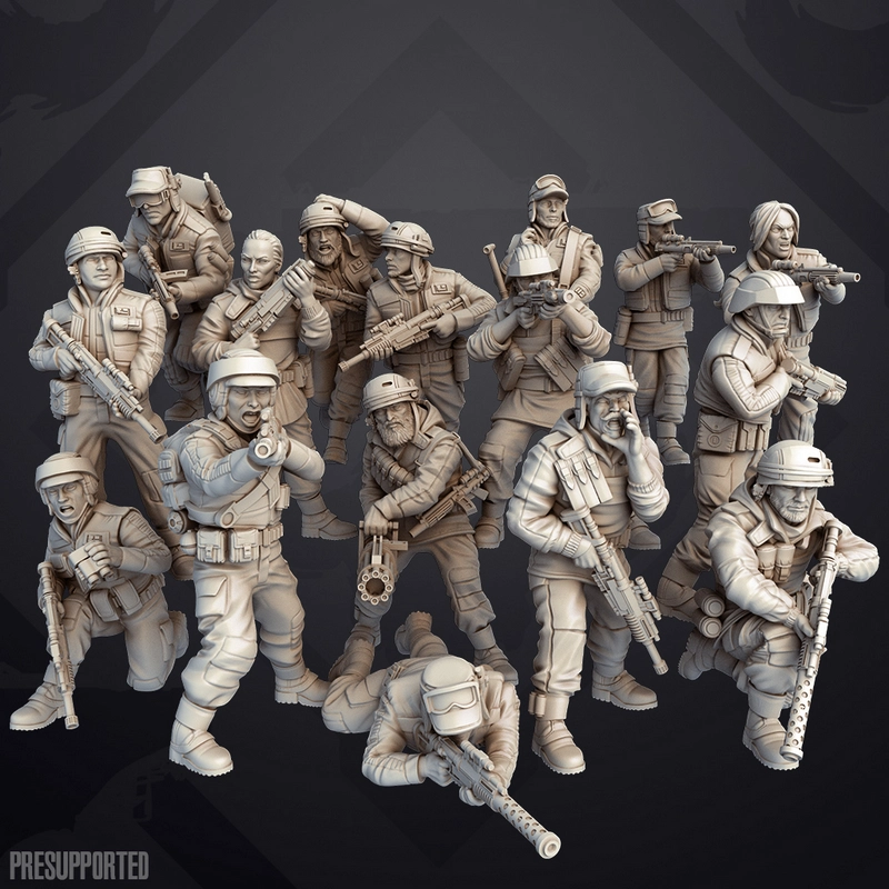 Group of helmeted Star Wars Rebel Trooper figures with blaster rifles