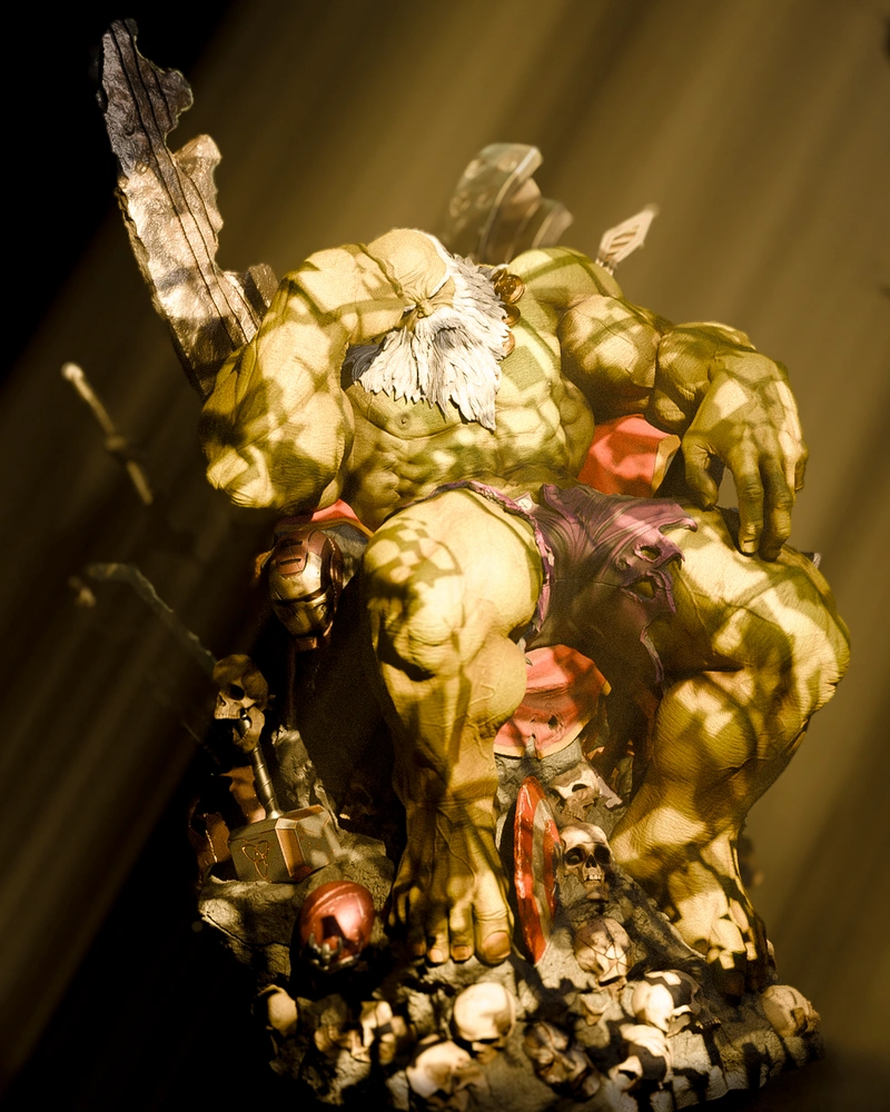 Maestro Marvel statue with white beard on a skull-covered display base