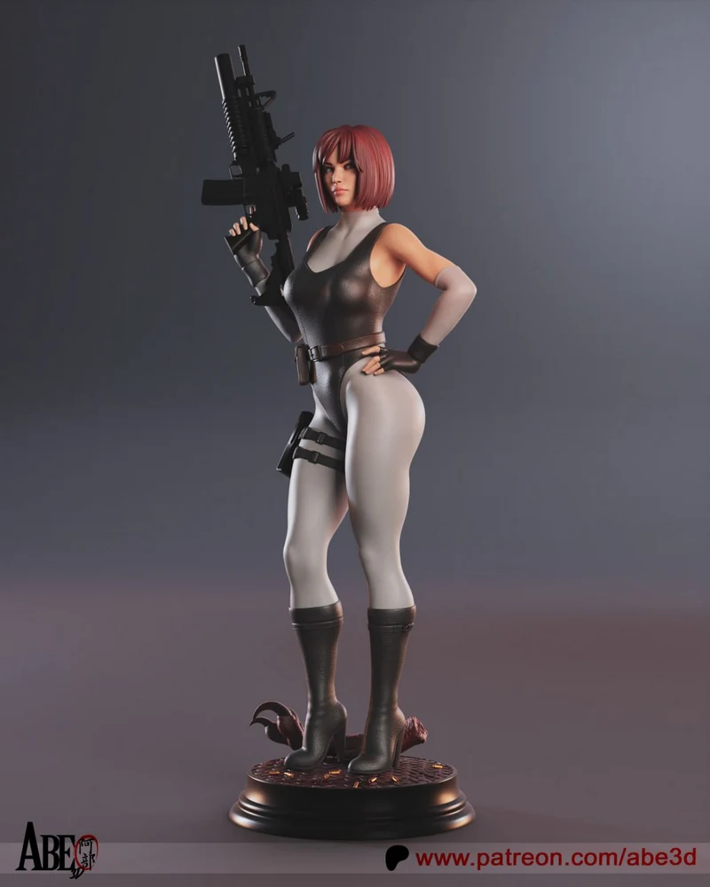 Regina character statue with rifle, tactical outfit and round display base