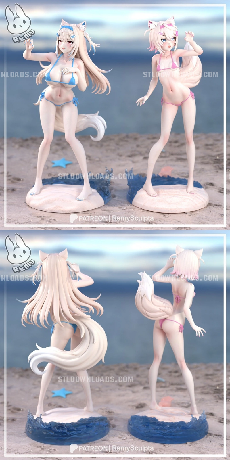 Fuwawa and Mococo Abyssgard fox character figures in blue and pink beachwear