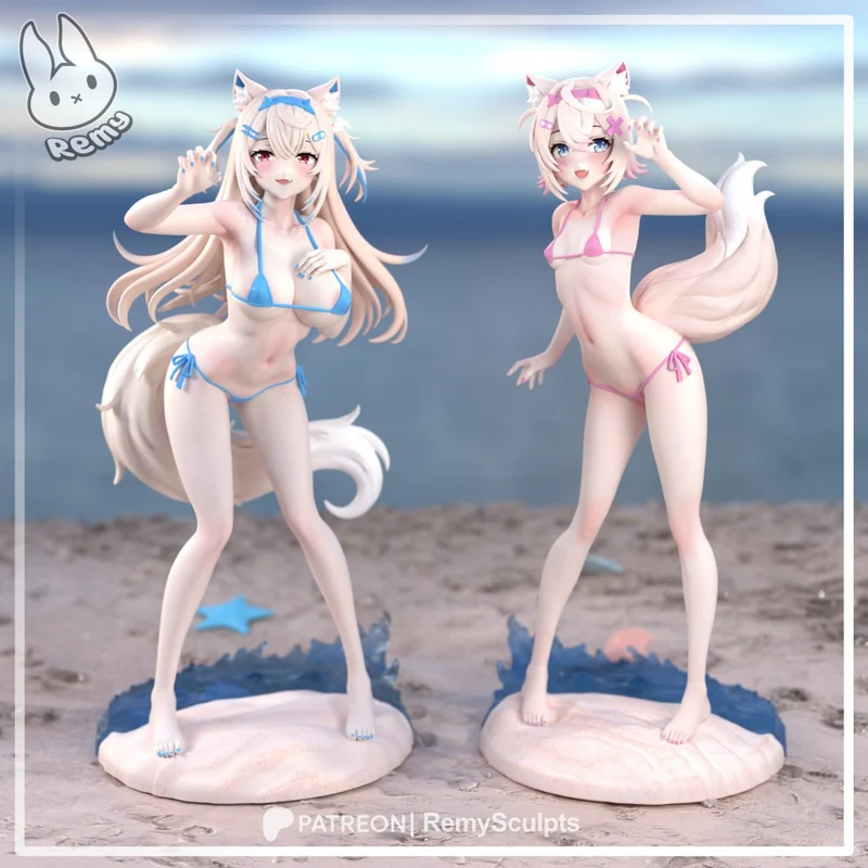 Fuwawa and Mococo Abyssgard fox-girl figures in blue and pink bikinis