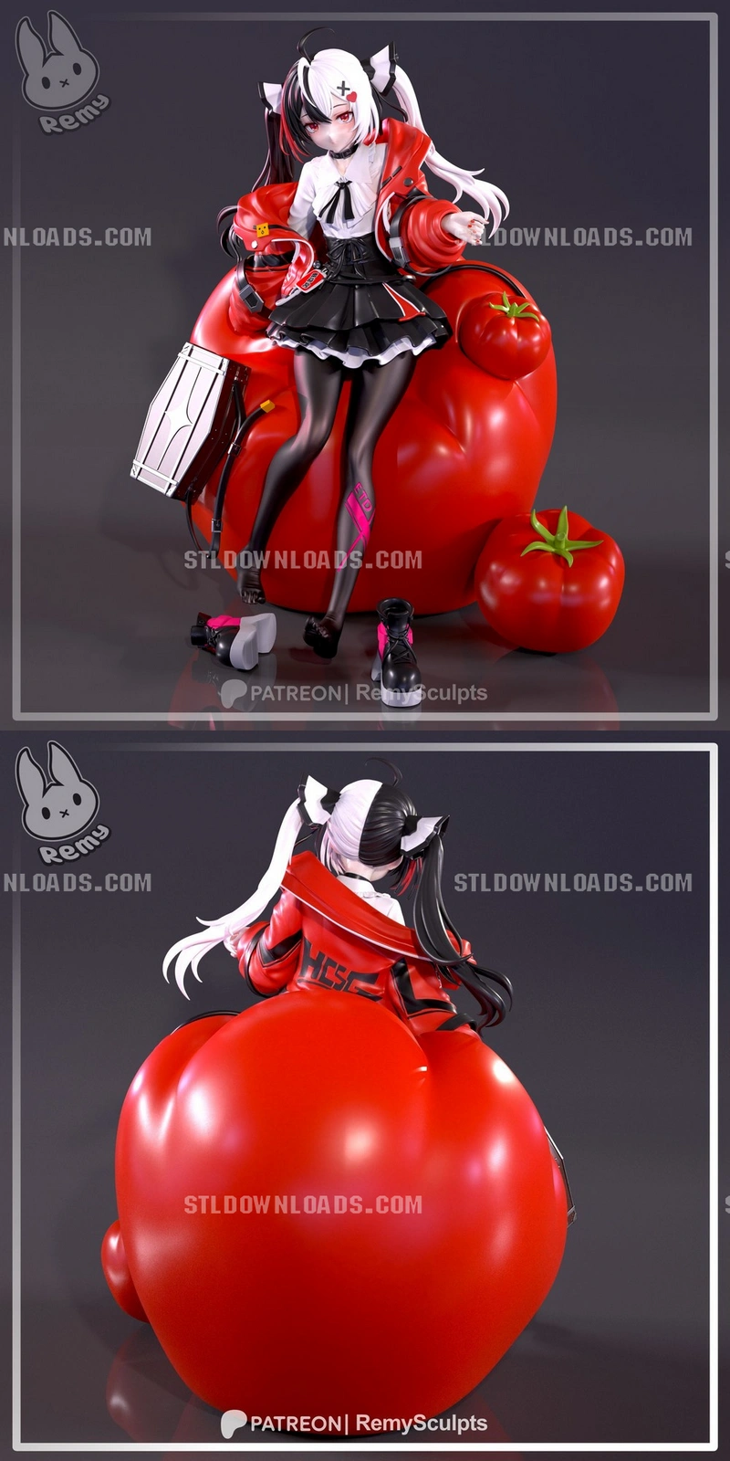 Lacrimosa character figure with a red jacket and giant tomato forms