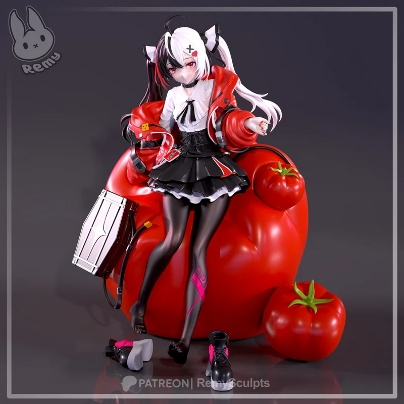 Lacrimosa character figure with white hair, red jacket, and tomato props