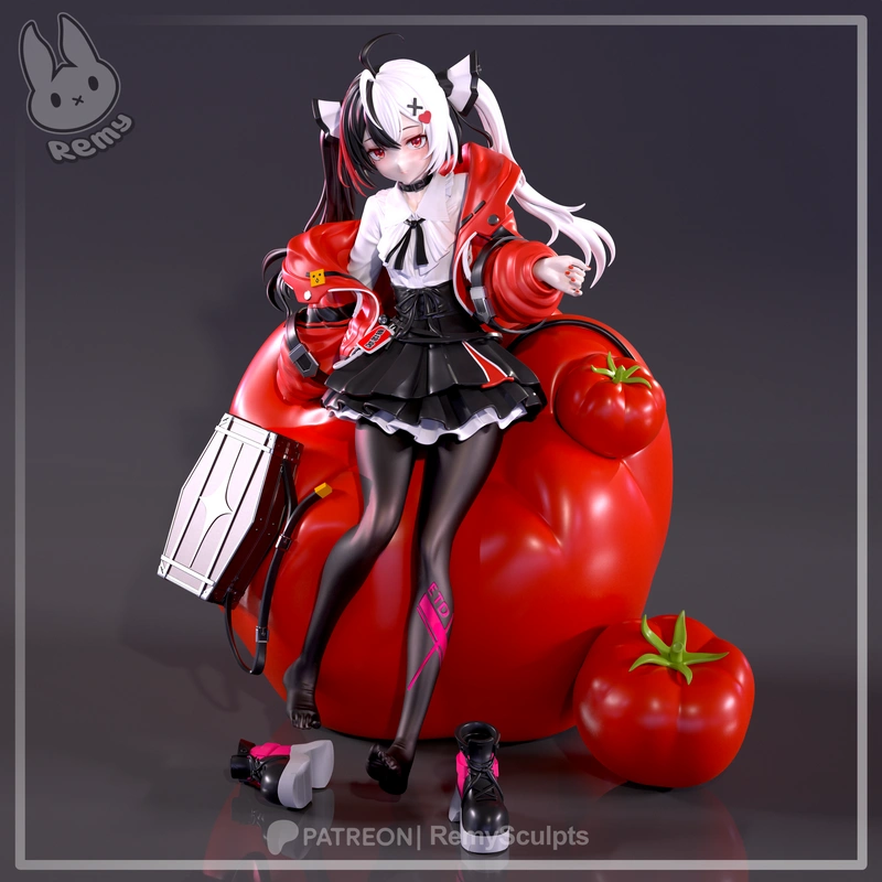 Lacrimosa anime-style STL figure with red jacket, white hair, and oversized tomatoes