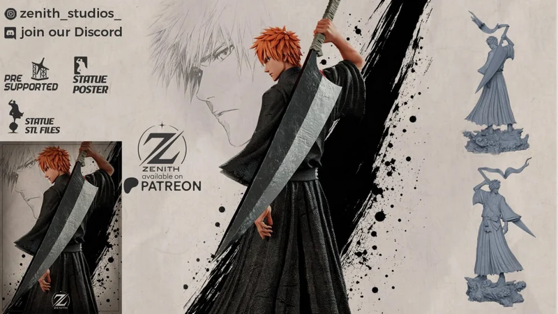 Ichigo Kurosaki Bleach figure with orange hair, black robes, and oversized sword