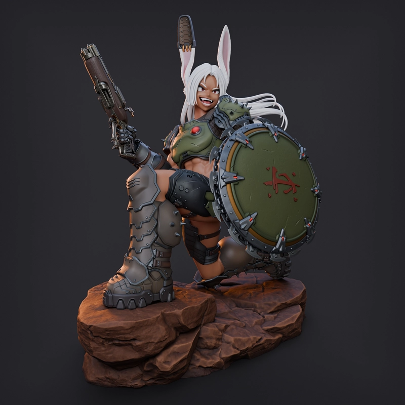 Mirko and Doom Slayer crossover figure with shield, firearm, and rocky base