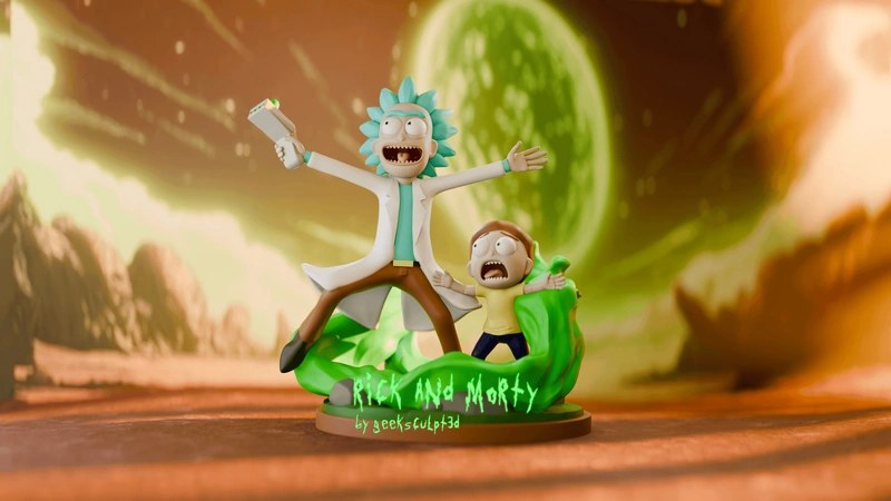 Rick and Morty fan-art diorama with a green portal and display base