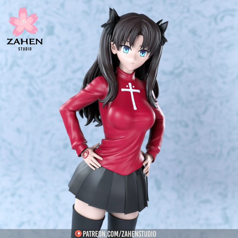 Rin Tohsaka figure with dark hair, red top, black skirt, and blue eyes