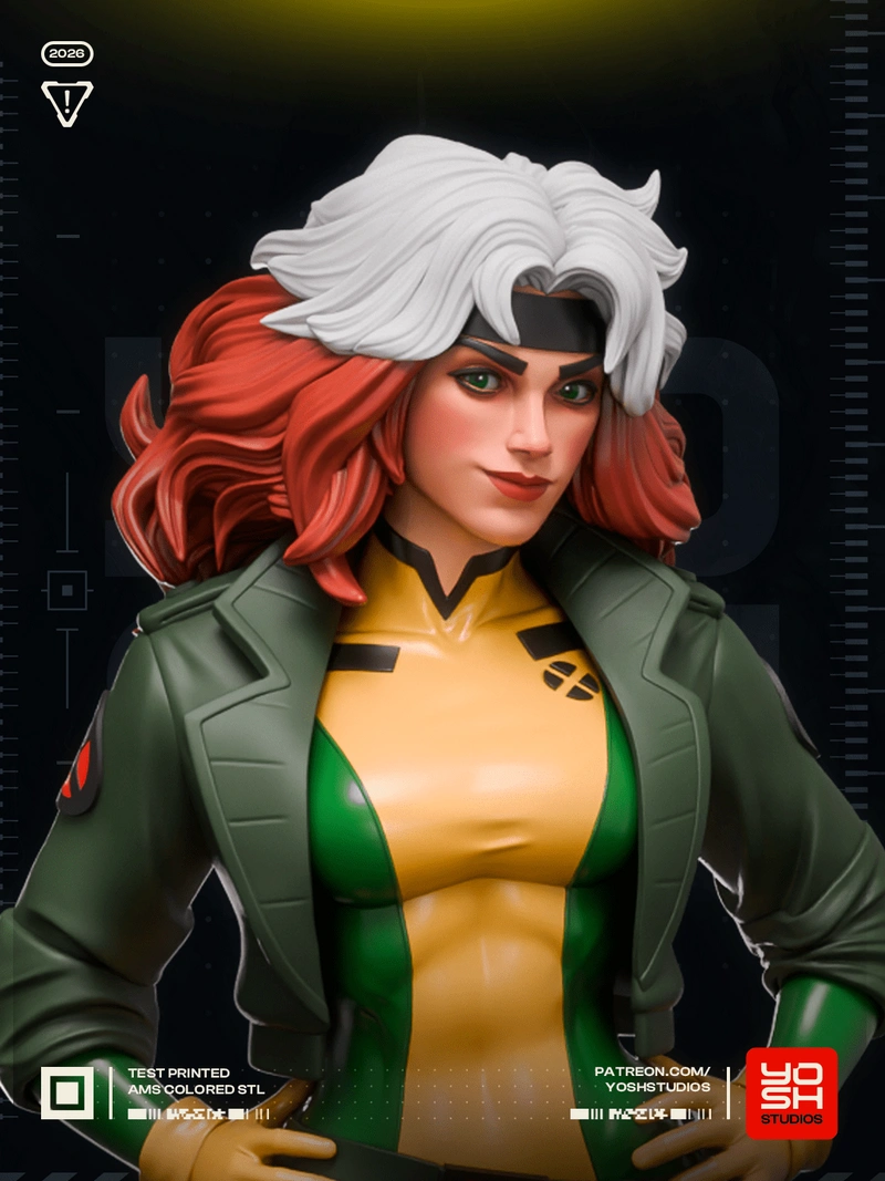 Marvel Rogue life-size figure with white and red hair, yellow-green suit, headband, and dark green jacket