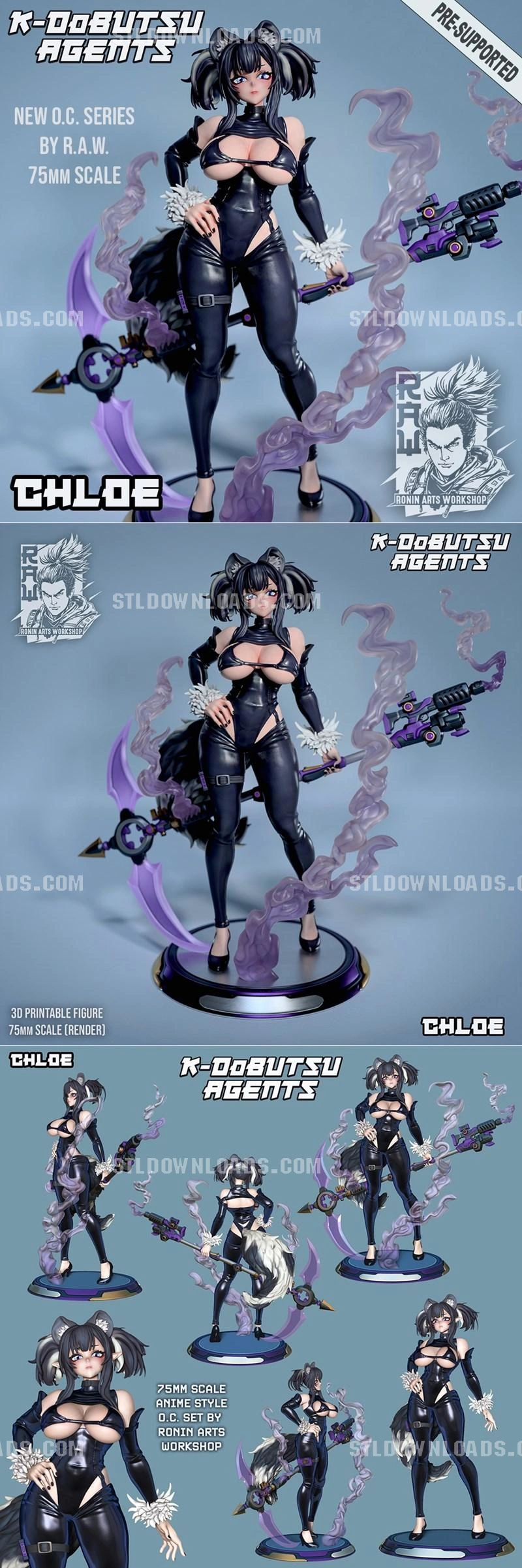 Skunkgirl Chloe original character figure with weapons and purple smoke effects