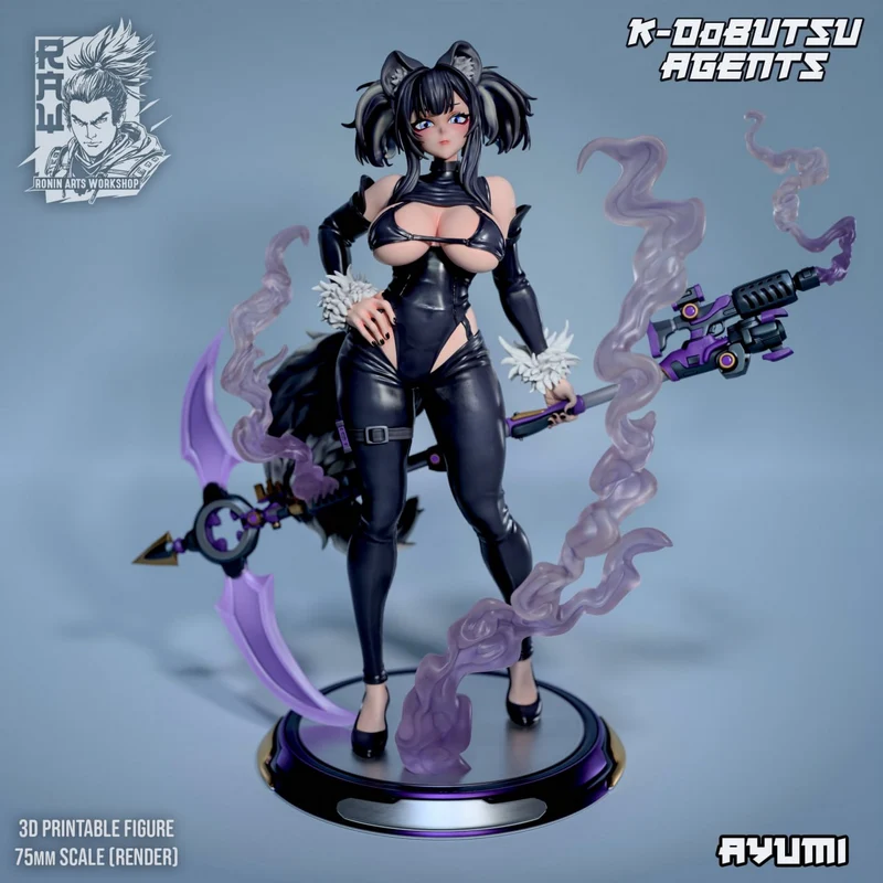 Skunkgirl Chloe original character figure with animal ears, black outfit, purple weapons, smoke effects, and display base