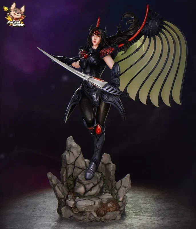 Rose from The Legend of Dragoon, an armored winged warrior holding a sword above a rocky base