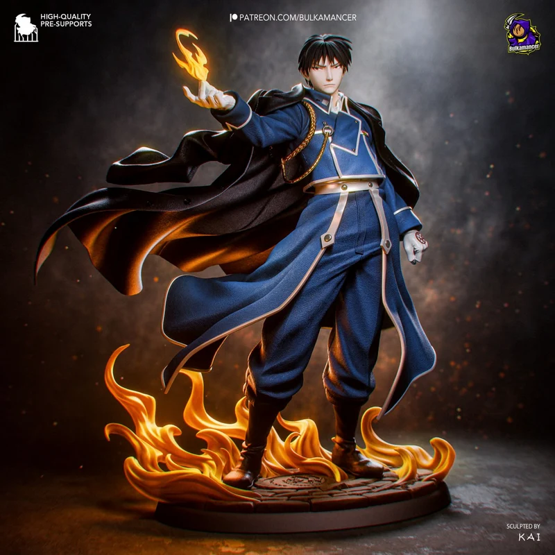 Roy Mustang figure in a blue uniform with flames and a flowing black coat