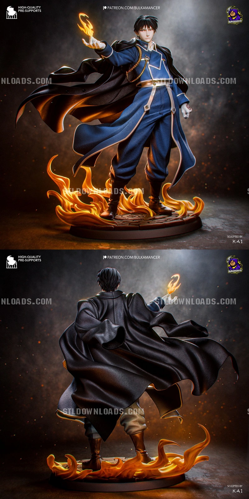 Roy Mustang statue in military uniform with flames and a flowing black cape