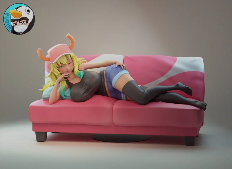 Lucoa reclining on a pink sofa, with horns, blonde hair, a cap, and thigh-high black boots
