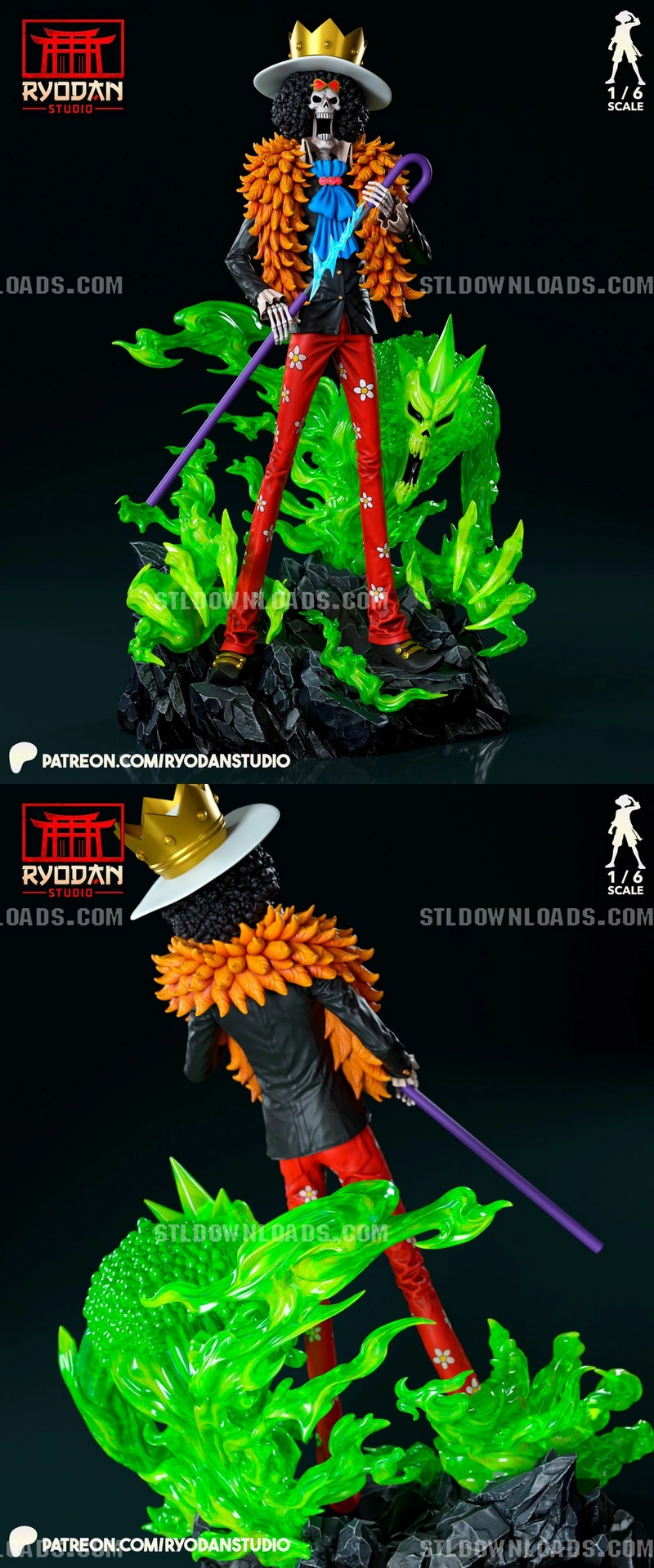 Brook from One Piece with a crown, cane, orange coat, and green spectral effects