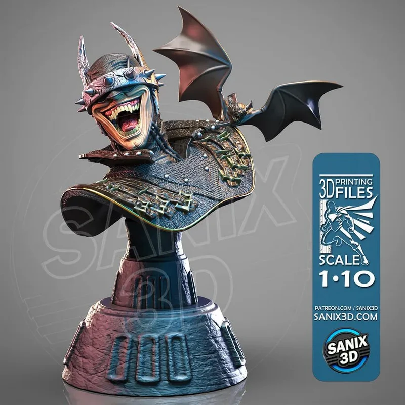 Original bat character bust with spread wings, horns, teeth, and layered armor on a display base