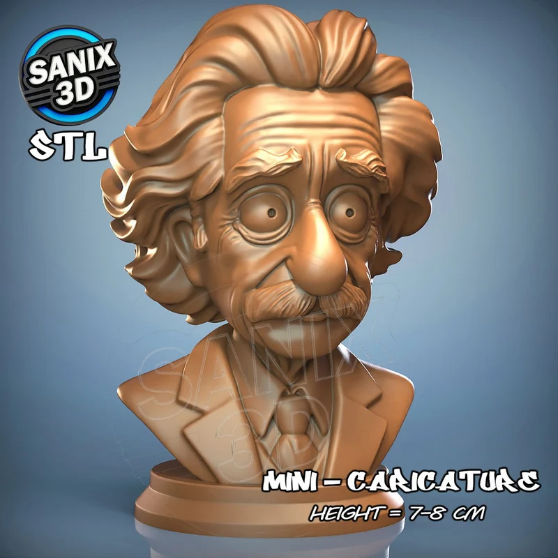 Caricature bust of Albert Einstein with swept hair and moustache