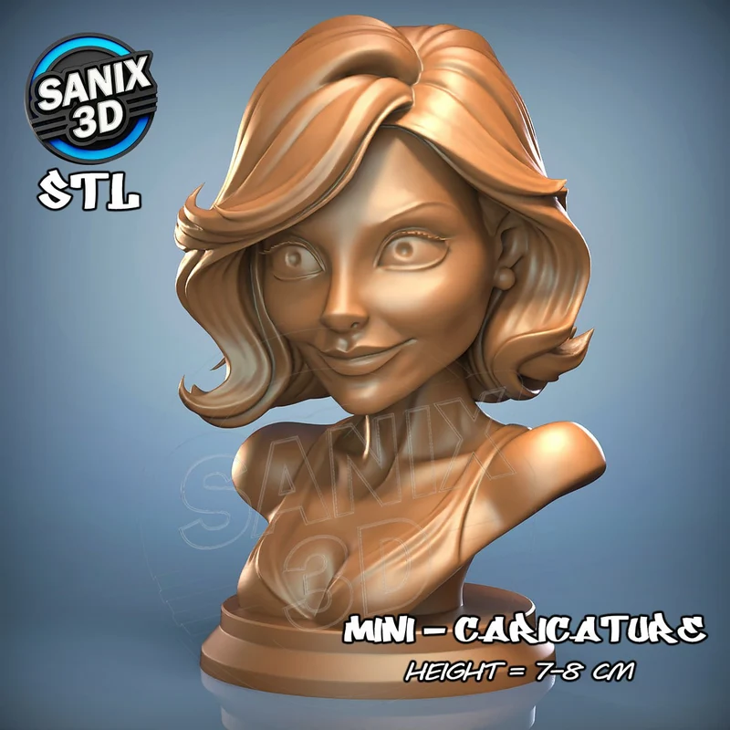 Stylized Cameron Diaz celebrity caricature bust with swept hair and a rounded display base