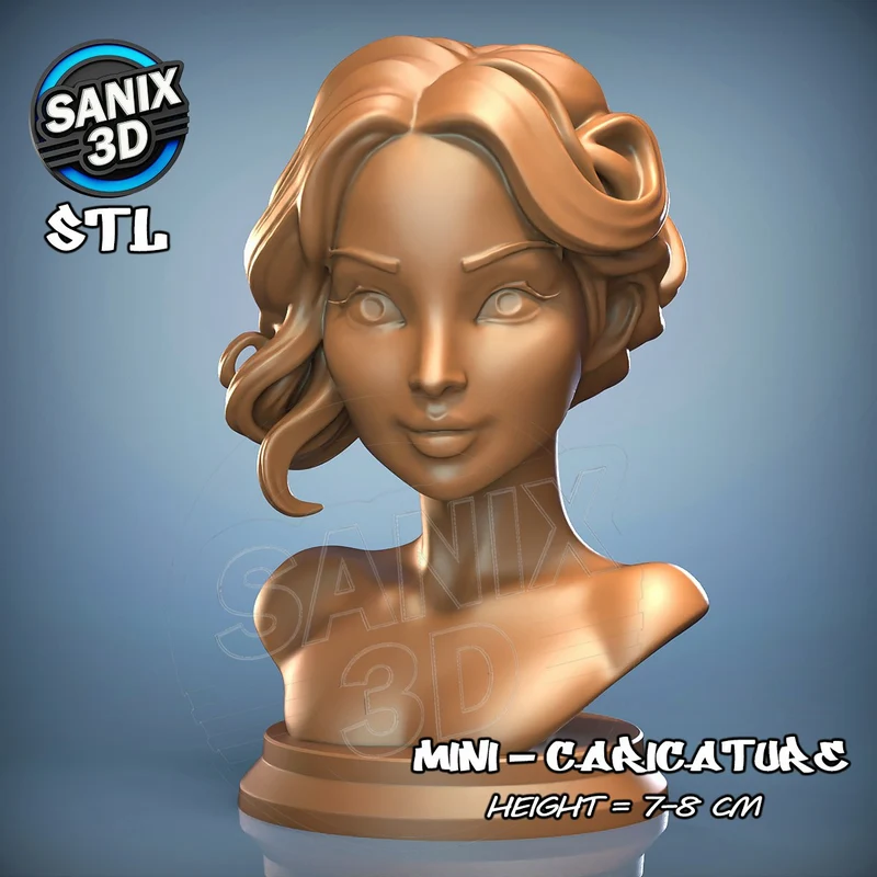 Stylized Jennifer Lawrence caricature bust with swept hair on a round base