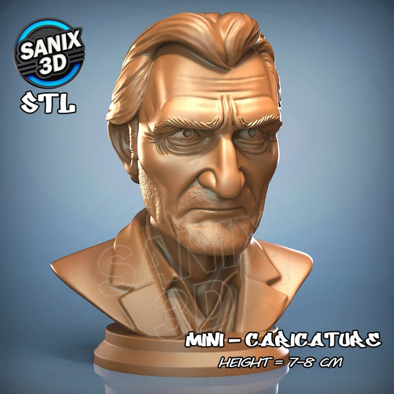 Stylized Liam Neeson caricature bust with swept-back hair and display plinth
