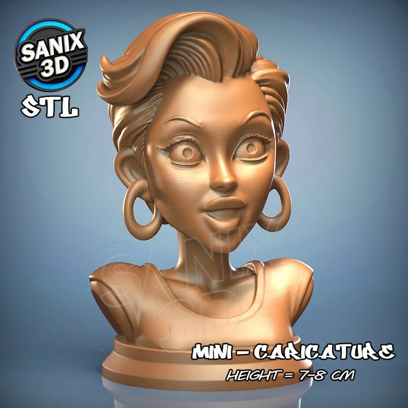 Stylized Miley Cyrus caricature bust with hoop earrings and a round base