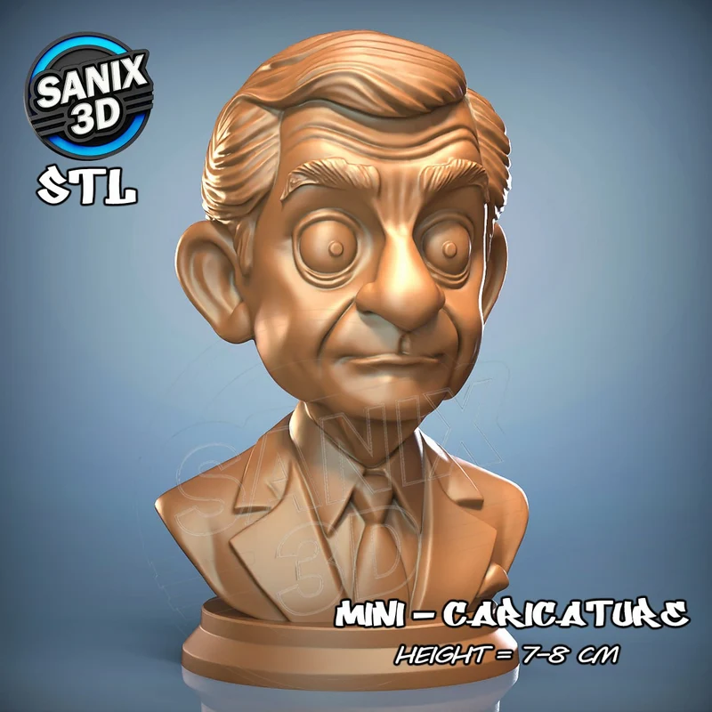 Stylized Mr. Bean caricature bust with swept hair, expressive eyes, formal outfit, and round display base