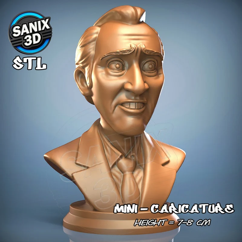 Stylized Nicolas Cage caricature bust with swept hair, formal clothing and a rounded base