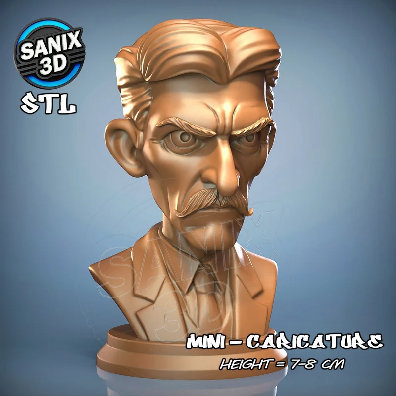 Stylized Nikola Tesla historical figure bust with moustache and display base