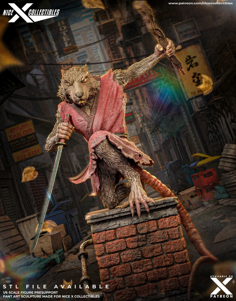 Splinter Teenage Mutant Ninja Turtles statue with staff, sword, robe, and brick pedestal