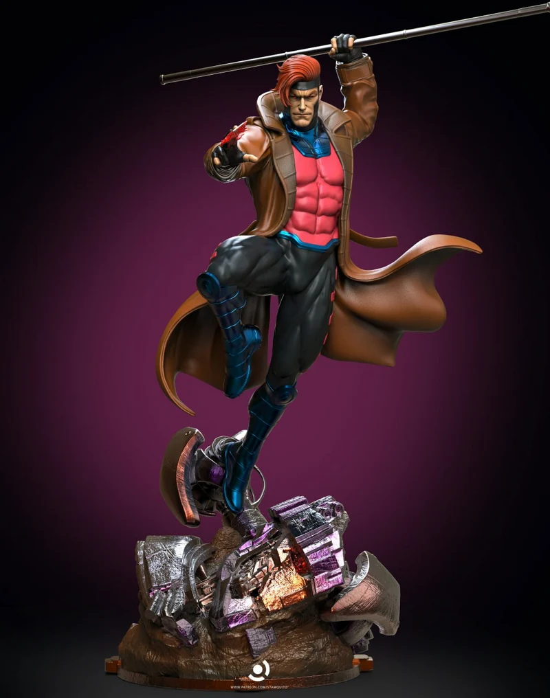 Marvel’s Gambit figure with staff, flowing coat, and rubble base
