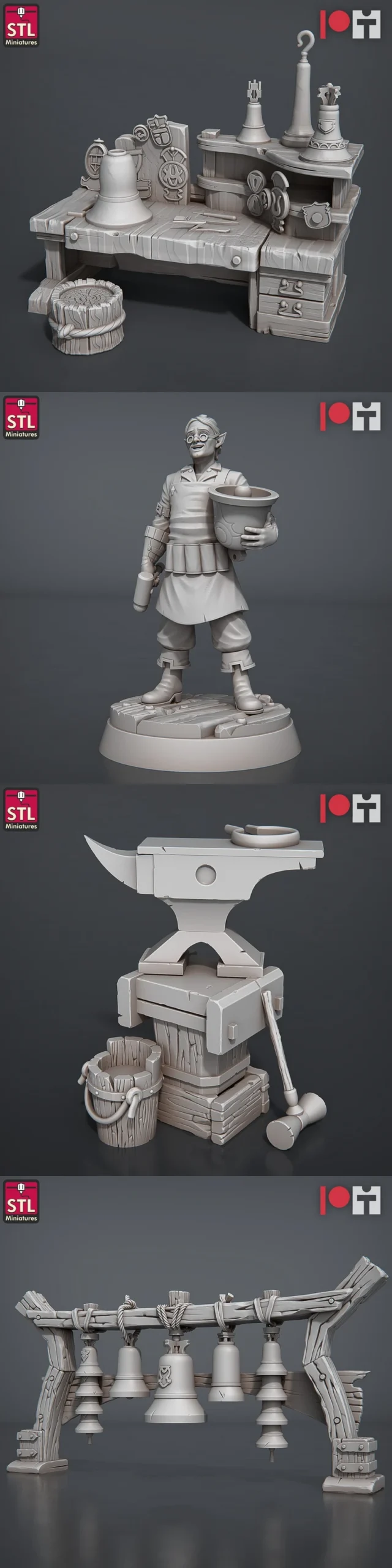 Fantasy bell maker miniature set with workshop, bells, anvil and artisan figure