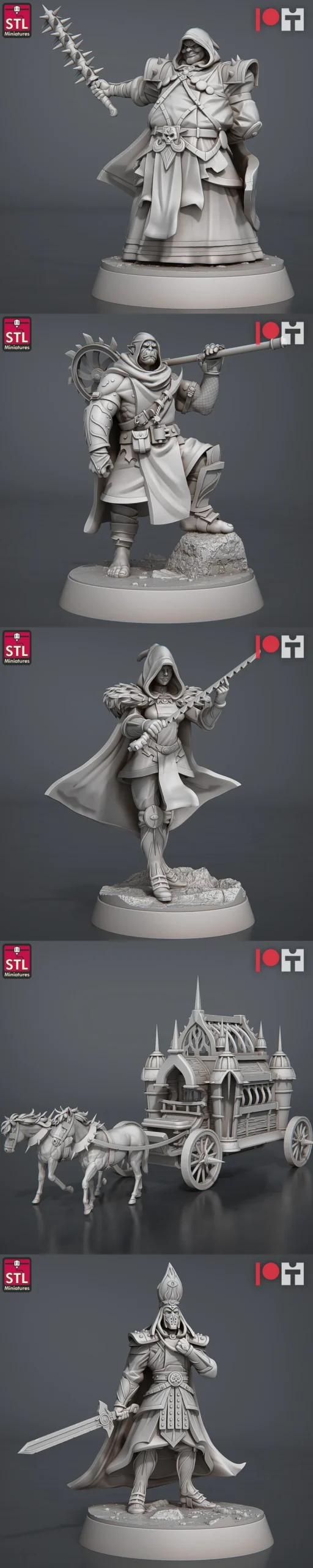 Fantasy inquisitor miniatures with weapons, armored figures, and a horse-drawn carriage