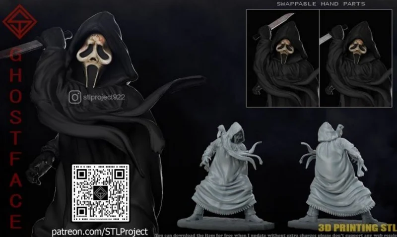 Ghostface Scream figure with hooded robes, iconic mask, and swappable hand parts