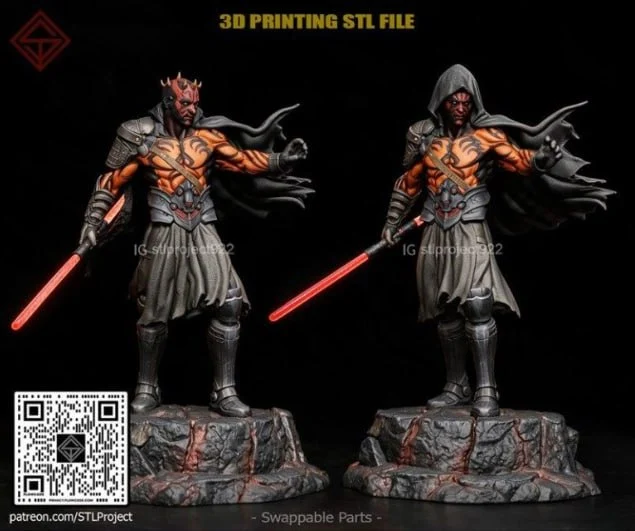 Darth Maul fan-art statue with red lightsaber on a rocky base
