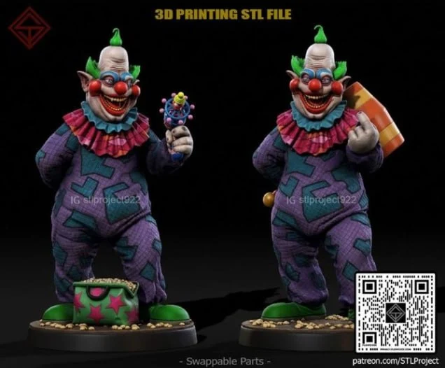 Jumbo original clown character 3D model with colorful patchwork costume and swappable props