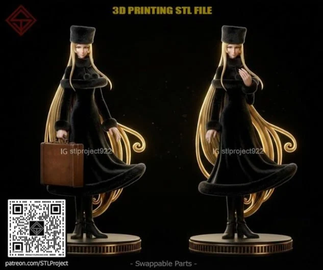 Maetel Galaxy Express 999 figure in black uniform with long blond hair and suitcase on a display base
