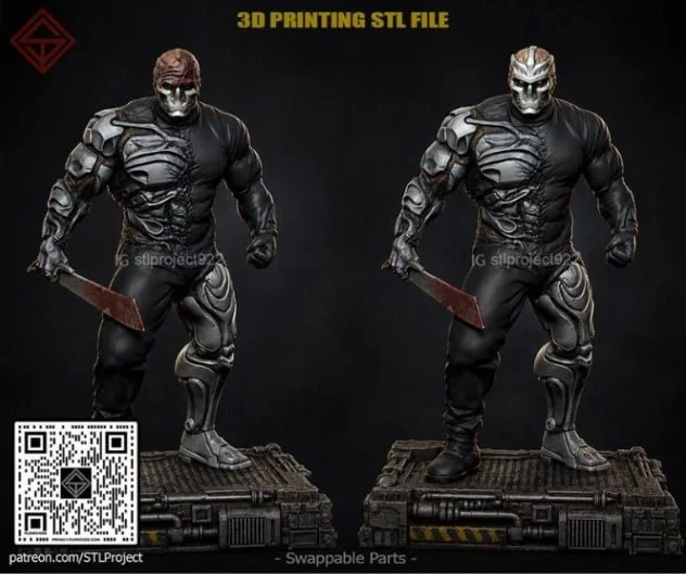 Uber Jason fan-art figure with a cleaver on an industrial display base