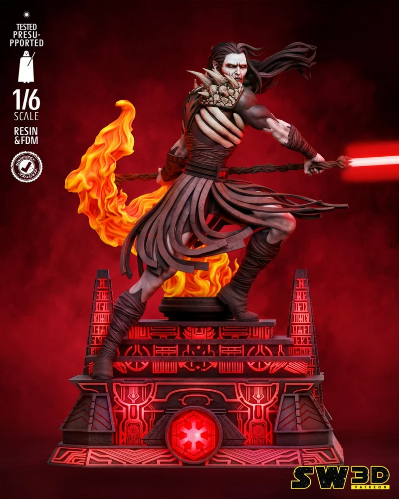 Darth Nihil Star Wars sculpture with red lightsaber, flames, and ornate illuminated display base