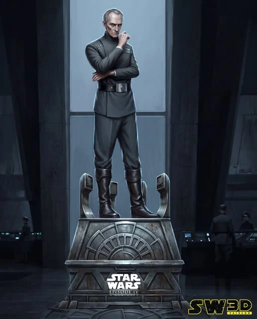 Grand Moff Tarkin in Imperial uniform on a Star Wars Episode IV display plinth