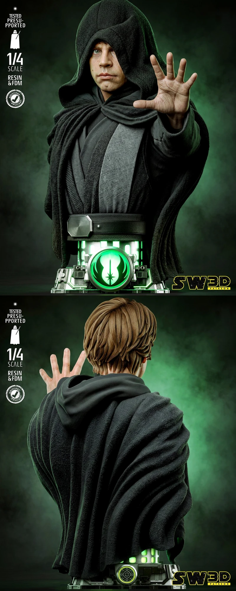 Luke Skywalker Star Wars bust in a hooded robe with raised hand and utility belt