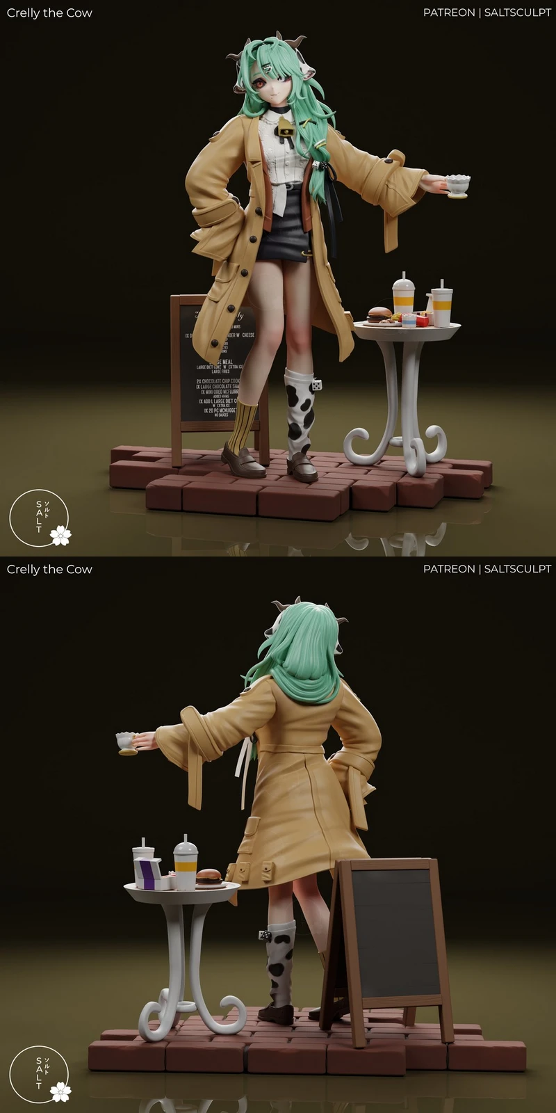 Crelly the Cow character figure with mint hair, café table, and brick base